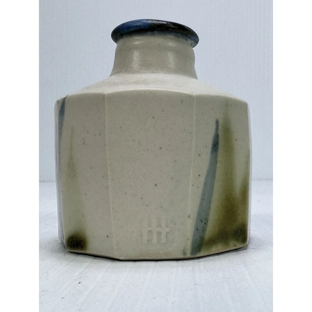Vintage Small Hexagon Ceramic Vase Blue Rim Stamped Makers Mark